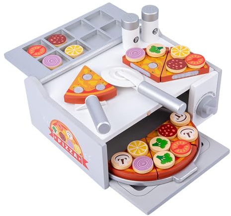 Ensemble de Pizza Jouet en Bois, Jeu de Rôle Préscolaire avec Four, Kit Nourriture Pizza Jeu d'Imitation, pour Noël, Anniversaire