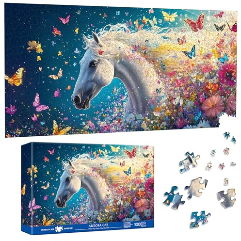 Pavemlo Special Shape Puzzles for Adults 1000 Pieces - BUTTERFLY WHITE HORSE Jigsaw Puzzle Challenging Impossible Puzzle, Unique Home Decor & Game (41x80 cm) for Puzzle Lovers