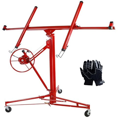 CCLIFE Plattenheber Klappbar Trockenbau Rigips inkl. Mechanikerhandschuhe | Klappbarer Plattenlift XXL rot mit 3 feststellbaren Rädern bis 68kg Traglast Höhe 140–350cm, Trockenbauhilfe mit Handschuhen