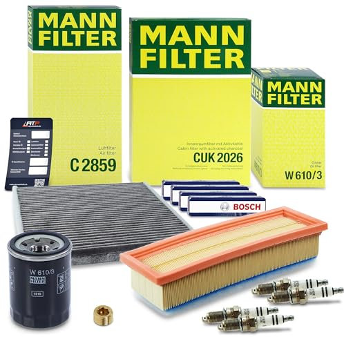 MANN-FILTER Inspektionspaket Filterset 1x Ölfilter, 1x Luftfilter, 1x Innenraumfilter (Aktivkohlefilter), 4x Zündkerze Kompatibel mit FIAT 500 (312_) PANDA (169_), FORD KA (RU8), LANCIA YPSILON (312_)