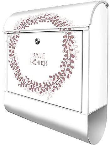 banjado® Design Briefkasten personalisiert mit WT Blätterkranz 38,5x46,5x13cm & 2 Schlüssel - Briefkasten Stahl weiß mit Zeitungsfach pulverbeschichtet - Postkasten A4 Einwurf inkl. Montagematerial