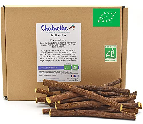 Chabiothé - Bâtons de racine de Réglisse Bio 1 kg (environ 150 bâtons) - boite recyclable