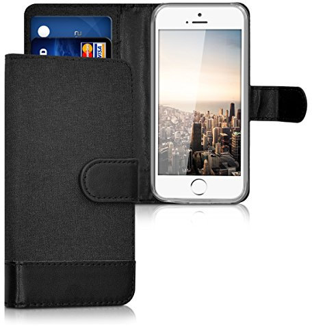 kwmobile Wallet Case Compatible with Apple iPhone SE (1.Gen 2016) / iPhone 5 / iPhone 5S - Case Fabric and Faux Leather Phone Flip Cover - Anthracite/Black