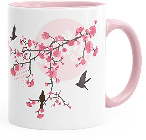 Autiga Kaffee-Tasse Kirschblüten Vögel Vogel Blumen Blüten Flower Cherry Tree Birds Tasse mit Innenfarbe rosa Unisize