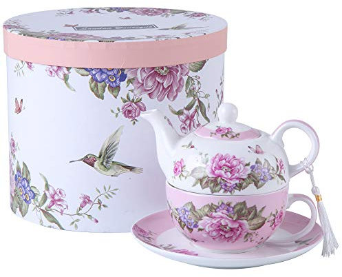 Tea for One Teapot Cup suacer Set Shaby Chic Flora Bird Rose Butterfly Porcelain Gift Box (Pink)