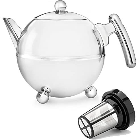 Bredemeijer Bella Ronde Edelstahl-Teekannen-Set 0,75 L - Kleine doppelwandige Edelstahlkanne in Kugelform mit Füßen, silber - Mit Tee-Filter Sieb-Aufsatz für losen & Blätter-Tee