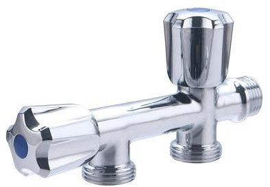 Robinet double sortie Mâle 20x27 (3/4) en ligne arrivée Mâle 15x21 (1/2) pour machine à laver NOYON & THIEBAULT