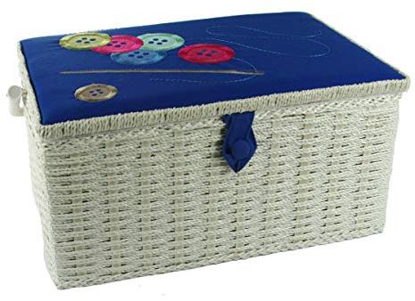 Sewing Online Großer Nähkorb, weiß mit marineblauem Deckel mit gestickten Knöpfen | 32 x 25 x 20 cm | Aufbewahrungs- und Ordnungsbox mit Fächern für Nähzubehör/Accessoires – FL-012