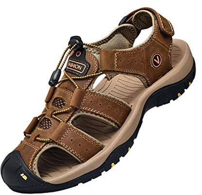 ZYLDK Sports Outdoor Sandals Summer Men's Beach Shoes Closed-Toe Shoes Leather Casual Trekking Walking Hiking Touch Close sandals for men Brown UK8.5