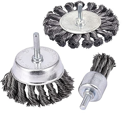 Carkio Lot de 3 brosses métalliques nouées avec tige de 6,35 mm, brosse de coupe en fil noué de 7,6 cm et brosse à extrémité torsadée de 2,5 cm Compatible with enlever la rouille et la corrosion