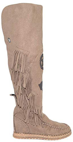 Stivali Donna Indianini Kakhi Scamosciati Alti sopra al Ginocchio Frange Zeppa Interna 5 cm Cinturino Fibbia Stemma Moda (39 EU)