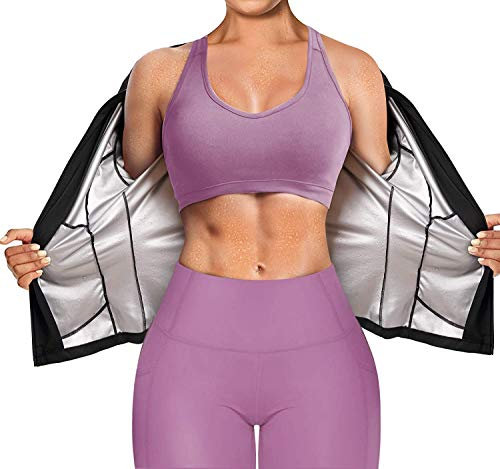 Gotoly Damen Saunaanzüge Fitness Lange Ärmel Sauna Shirt Abnehmen Workout Schwitzeffekt Schwitzjacke Bauchweg Thermo Body Shaper (S, Schwarz)