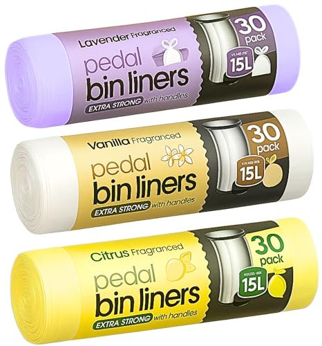 90 Extra Strong Scented Bin Liners 15L | Fragranced Pedal Bin Bags Lavender bags, Vanilla, Citrus 3 rolls of 30