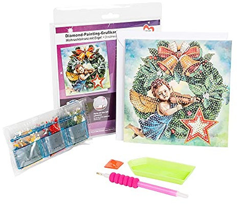 Ideen mit Herz Diamond-Painting-Grußkarte | 16 x 16 cm | 370 g/m² | inkl. Umschlag & Werkzeug (Weihnachtskranz mit Engel)