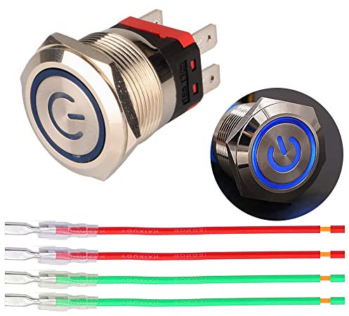 Guuzi 22mm Verriegelnder Druckknopfschalter 12V-24V 15A Blau LED Power Symbol Druckknopfschalter,Metallwasserdichte Schalttafel mit Draht für Autos, Yachten, Haushaltsgeräte,Druckschalter