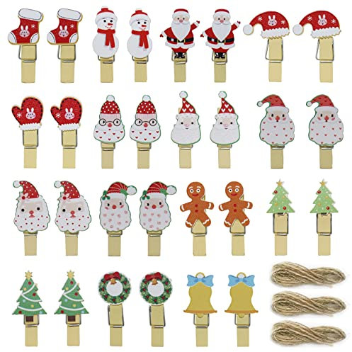 Pince à Linge de Noël en Bois 30 Pièces Clips Photo Sapin de Noël NoëL en Bois Clips Bande Mini Pince en Bois Deco Mini Pince en Bois pour Photo pour DIY Mur Photo Arbre de Noël (15 Modèles de Noël)