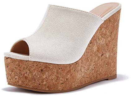 LAICIGO Damen-Sandalen mit Keilabsatz, Plateau-Schiebe, offene Zehenpartie, Kork, Wildlederimitat, Kleid, Sommerschuhe, Schuhe, 1-weiß, 39 EU