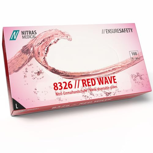 Nitras 8326 RED WAVE puderfreie, unsterile, medizinische, lebensmittelgeeignete Nitril-Einmalhandschuhe Farbe rot, 100 Stück im Spenderkarton (L)