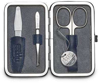 nippes Solingen Maniküre Set Vintage, 3-teilig, Antik Rindsleder Nagelset mit Rahmen, weiches Wildleder innen, Made in Germany, Nagelpflege Set mit Nagelschere, Pinzette und Nagelfeile, vernickelt