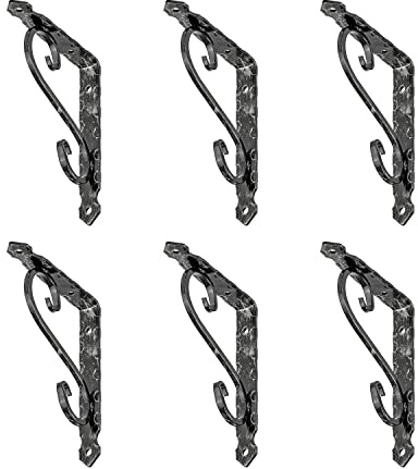siwitec Schmiedeeiserne Konsole Regalwinkel 65kg schwarz 150x110mm 6er | antike Optik, geschmiedeter Stahl mit 3 mm Materialstärke, einfache Montage durch vorgefertigte Lochung