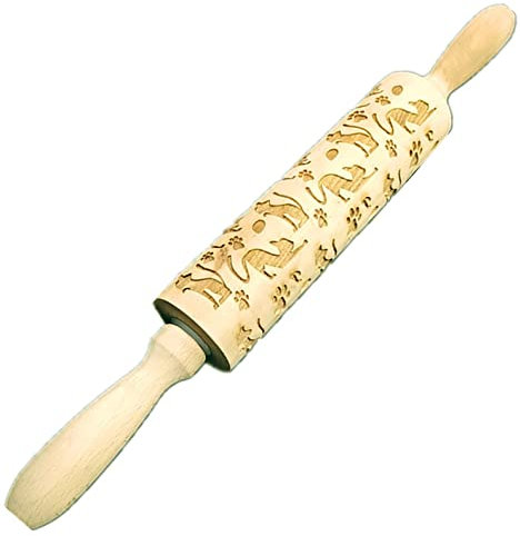 Qoiseys Mattarello per goffratura di Halloween con motivi di gatto di Halloween, biscotti di Halloween in rilievo, in legno con incisione 3D testurizzata (35,1 cm) (07)