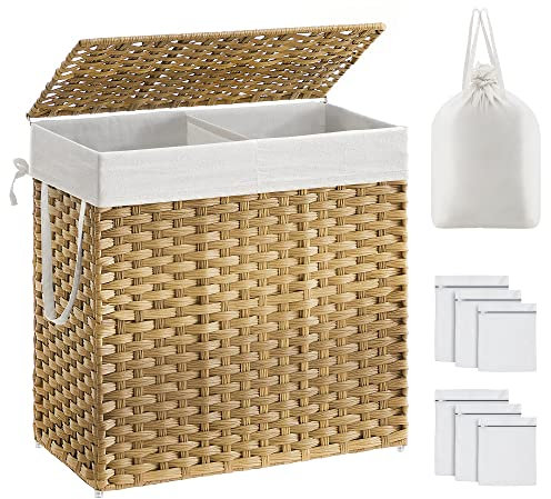 SONGMICS Panier à Linge avec Couvercle, Corbeille 130L, 2 Compartiments, Sacs Amovibles, Poignées, Tressé à la Main, pour Chambre, Buanderie, Salle de Bain, 33 x 66 x 60 cm, Couleur Boisée LCB253N01