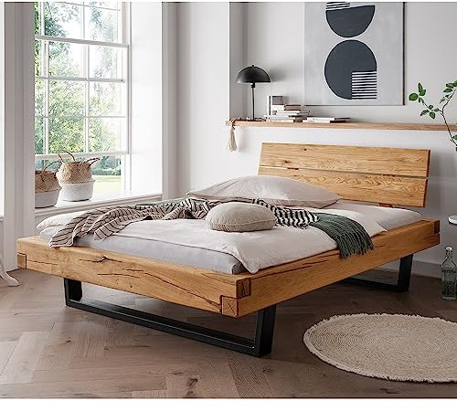 Lomadox Doppelbett Ehebett Bett Echtholz Massivholz, 160x200 cm, Eiche massiv, Holzkopfteil, Schwarze Metallkufen, B/H/T ca. 178/88/228 cm