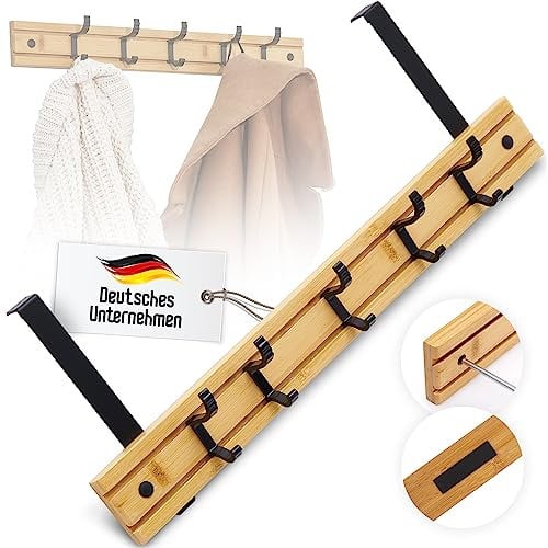 Garderobenhaken Türhaken aus Holz - Garderobenleiste 50cm mit 5 verschiebbaren Kleiderhaken | Garderobe zum Bohren Hängen Kleben für Wand Tür | Wandgarderobe Türgarderobe Hakenleiste Jackenhalter
