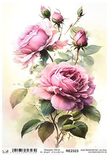 Josys Bastelmärchen Reispapier A4 Strohseide Decoupage Serviertentechnik Blumen pink Rosen RE2323