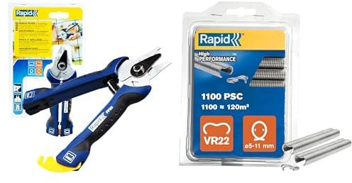 Rapid F20 - Pince à Grillage pour Agrafes à Grillage VR16 2-8 mm et VR22 5-11 mm & VR22 - Agrafes à Grillage en Acier Galvanisé, Compatible avec les Grillages 5-11 mm, 1100 Pièces