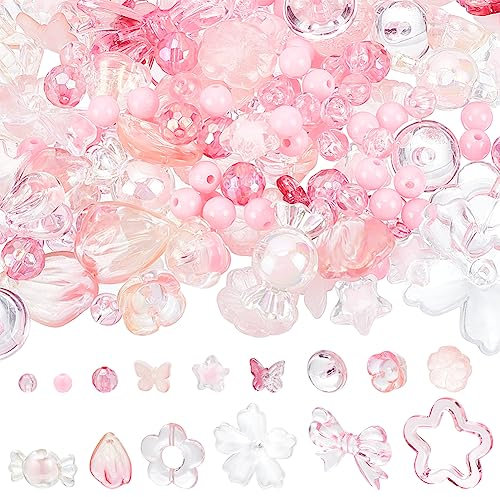 PH PandaHall 15 Styles Perles Roses Charmes, 50g Perles Acryliques 50pcs Pendentifs en Verre Fleur Papillon Perles Charmes Perles Lâches pour Valentine Bracelets Colliers Bijoux Cancer du Sein
