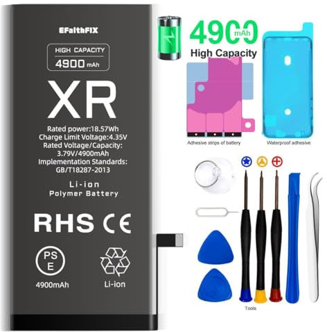 EFaith für iPhone XR Akku, 4900mAh Ersatzakku Hohe Kapazität 0 Zyklen mit Professionelle Reparatur-Werkzeugsets und Kleber für Modell A1984, A2105, A2106, A2108(für iPhone XR)