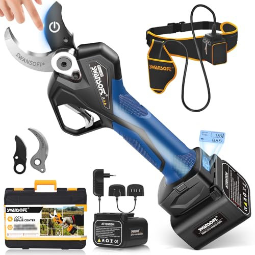 SWANSOFT PRU40 Forbici Potatura a Batteria, Professionali 40mm 21V 1050W 4Ahx2 Cesoi a Batteria Per Potatura Forbice Elettrica Per Potatura, Blu/Nero