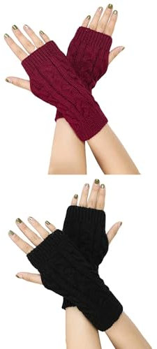 Fingerlose Handschuhe für Damen Gestrickte Halb Fingerhandschuhe Kurzer Strickhandschuhe Fäustlinge Handwärmer Handgelenkwärmer Armstulpen Handstulpen Pulswärmer (2Paar-Schwarz+Weinrot)