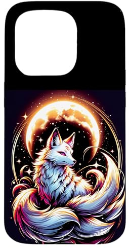 Japanischer Kitsune Fox Neunschwanz Fuchs mit Mond Anime Hülle für iPhone 15 Pro