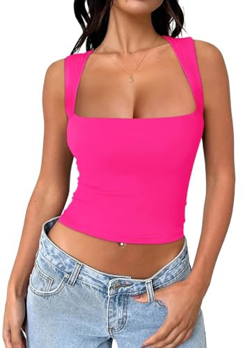 REORIA Damen Doppelt Gefüttert Niedlich Basic Tanktops Trendige Kleidunge Träger Tops mit quadratischem Ausschnitt Rose S