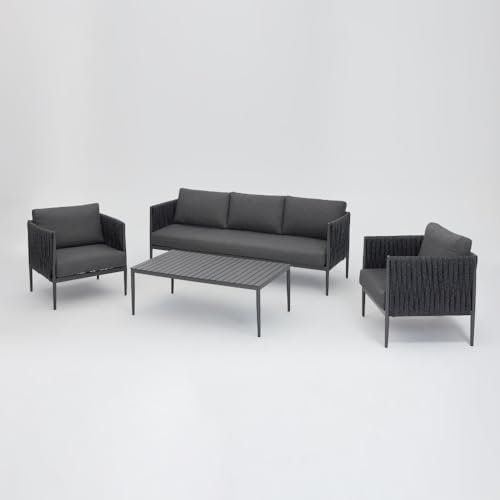 Home Detail Corner Garden Furniture Set, U Shape Garden Sofa Set, Garden Lounge Sofa Conversation Set, Luxury Garden Furniture with Rope Back, Rising Table Outdoor Garden Set (Grey Lounge Set)