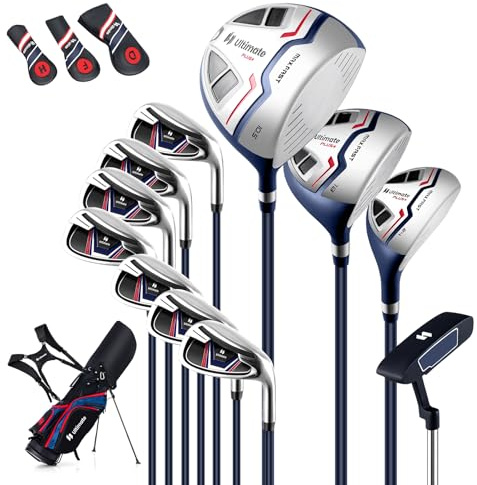 GYMAX Juego Completo de Palos de Golf para Hombres, Diestros con 460CC #1 Driver, #3 Fairway, #5 Híbrido, #5, #6, #7, #8, #9, #P, #S Hierro, Putter, 3 Fundas para Cabezales, Bolsa con Soporte (Verde)