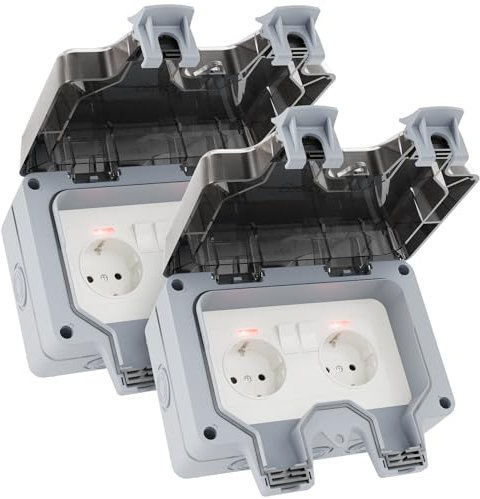 greate 2x abschließbare Außensteckdose wasserdicht Garten mit Schalter - 2fach Aussensteckdose wasserdicht IP66, schaltbare Aussensteckdose, wasserdichte Steckdose, Outdoor Steckdose wasserdicht