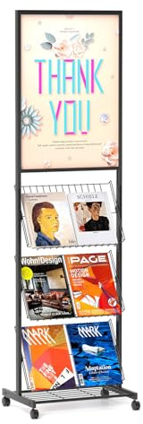 lesolar Floor-Standing Magazine Rack with Poster Board Stand 4-tier Newspaper Holder Book Display Shelf Brochure Display Stand Poster Sign Holder with Wheels Suitable for Exhibitions Store Business