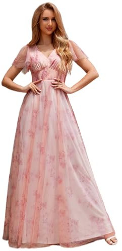 Ever-Pretty Robe Cérémonie Femme Fleurie Longue Col V Manches Courtes Tulle Robe de Plage Casual Rose 44