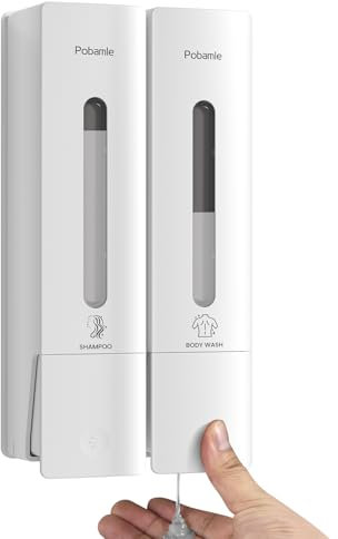 Pobamle shower soap dispenser wall mounted no drill shampoo and conditioner dispenser 2 chamber white