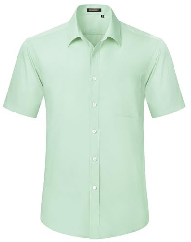 HISDERN Mens Short Sleeve Dress Shirt Regular Fit Casual Formal Mint Green Shirts Button Down Business Stretch Shirt Non Iron,XL
