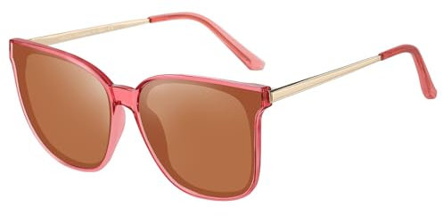 DUCO Sonnenbrille für Damen Polarisiert Sonnenbrille mit UV400 Schutz Vintage Klassisch Runde Metall Rahmen Leichtgewicht Übergroß Sonnenbrillen W016 (17- Transparent Pink Frame Brown Lens)