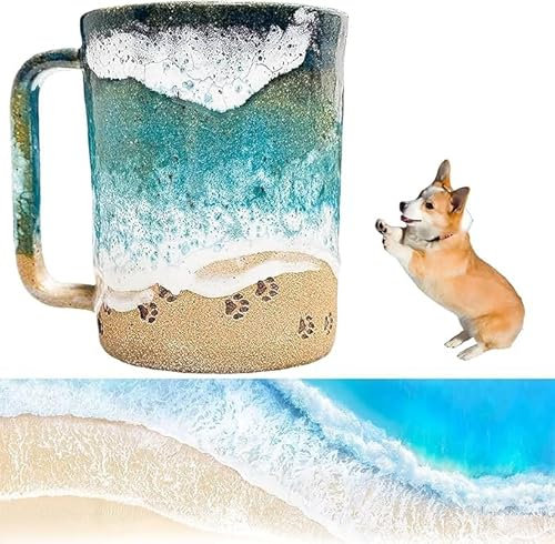 HOIDOKLY Paw Print Ocean Shoreline Mug, 3D Ceramic Coffee Cup With Waves Beach Design, Handmade Tea & Milk Cup for Pet Lovers, 11oz/15oz Souvenir (11oz)