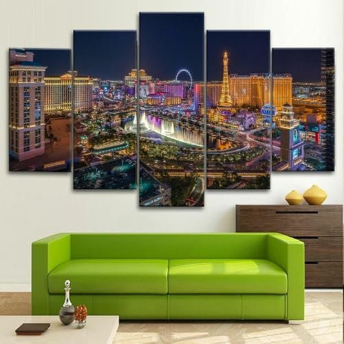 FatAco 5 Paneele Leinwand mit Rahmen Las Vegas City Wonderful Lighting Bild Kunstdruck Leinwand Gemälde Wandmalerei Home Office Wohnzimmer Schlafzimmer Dekoration Ready to Hang