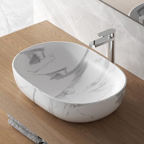 Lavabo Da Appoggio Ovale 60x41 Cm Dal Design Moderno In Ceramica Dall’Effetto Marmorizzato Bianco Linea Tokyo