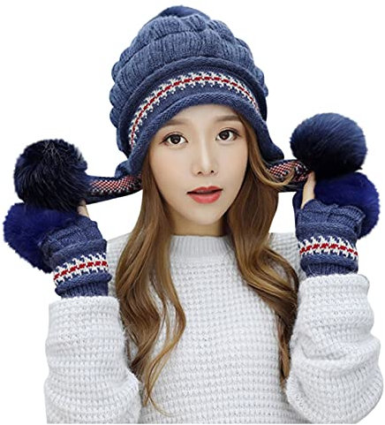 NaLatia Damen Wintermütze Peruanische Mütze Strickmütze Warme Winter Beanie Mütze Fellmütze Pelzmütze Bommelmütze Plüsch Ohrenklappe Mütze
