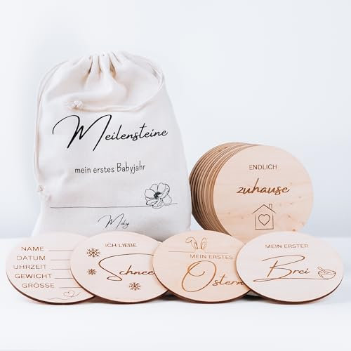 Moky Meilensteinkarten Baby Holz, 30 Meilensteine auf Holztafeln als Geschenk zur Geburt, Babyparty, Mommys to be