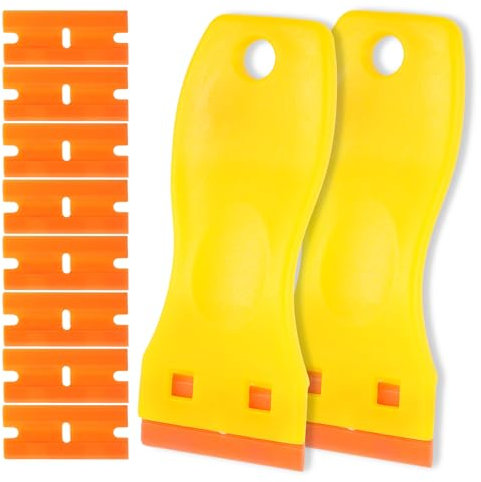 2-Pack Yellow Non-Scratch Plastic Scrapers, 8 Orange Replacement, Adhesive Sticker Decal Remover, House & Car Cleaning Tool for Glass, Cooktop, Oven, Stove, Remove Stain, Dirt, Paint,Glue